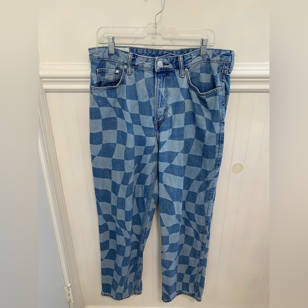 H&M Blue Checkered Straight Leg Jeans